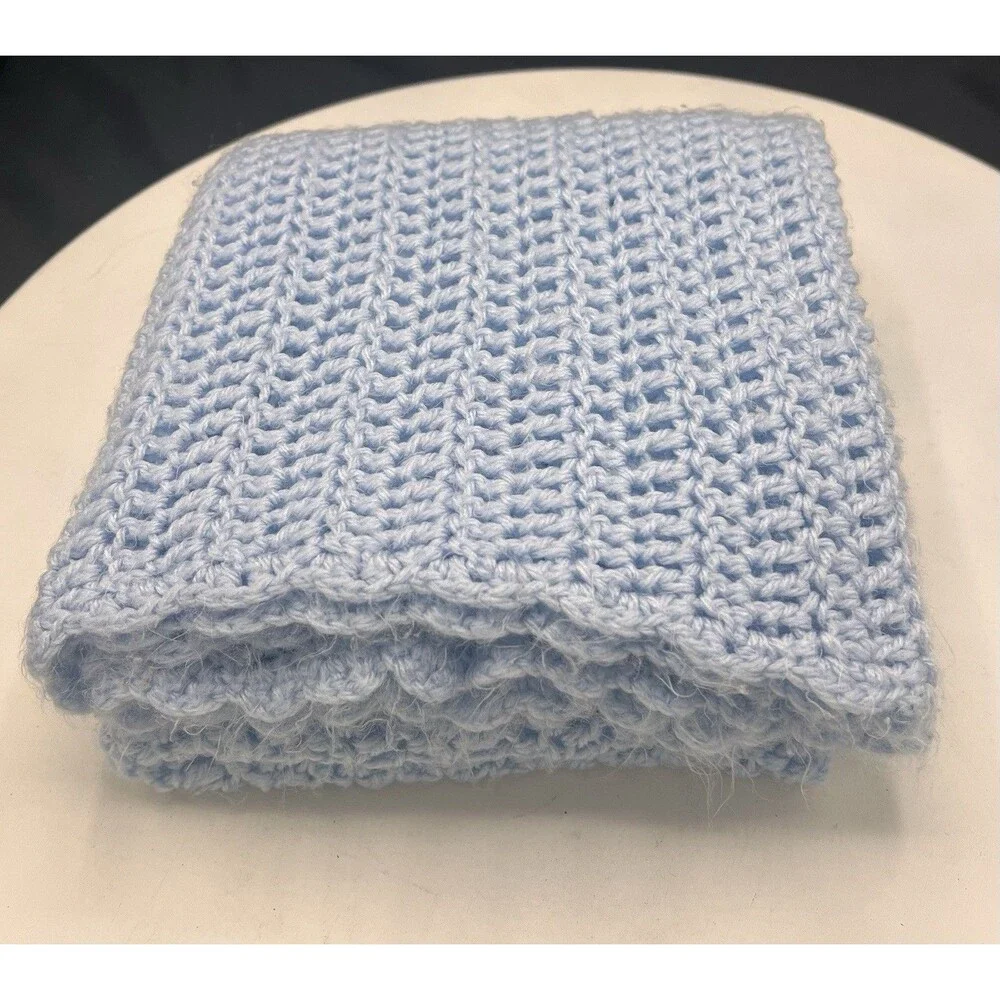 Hand Crocheted Baby Blanket Light Blue Afghan Throw Handmade 35-37”